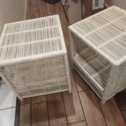 Two White Wicker End Tables
