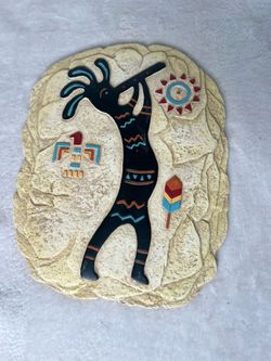 Pair Kokopelli Native American Faux Stone Wall Art Plaque Southwestern Vtg