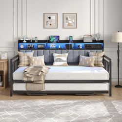 Twin Size Sofa Bed Frame with RGB Lights & Charging Station - Black