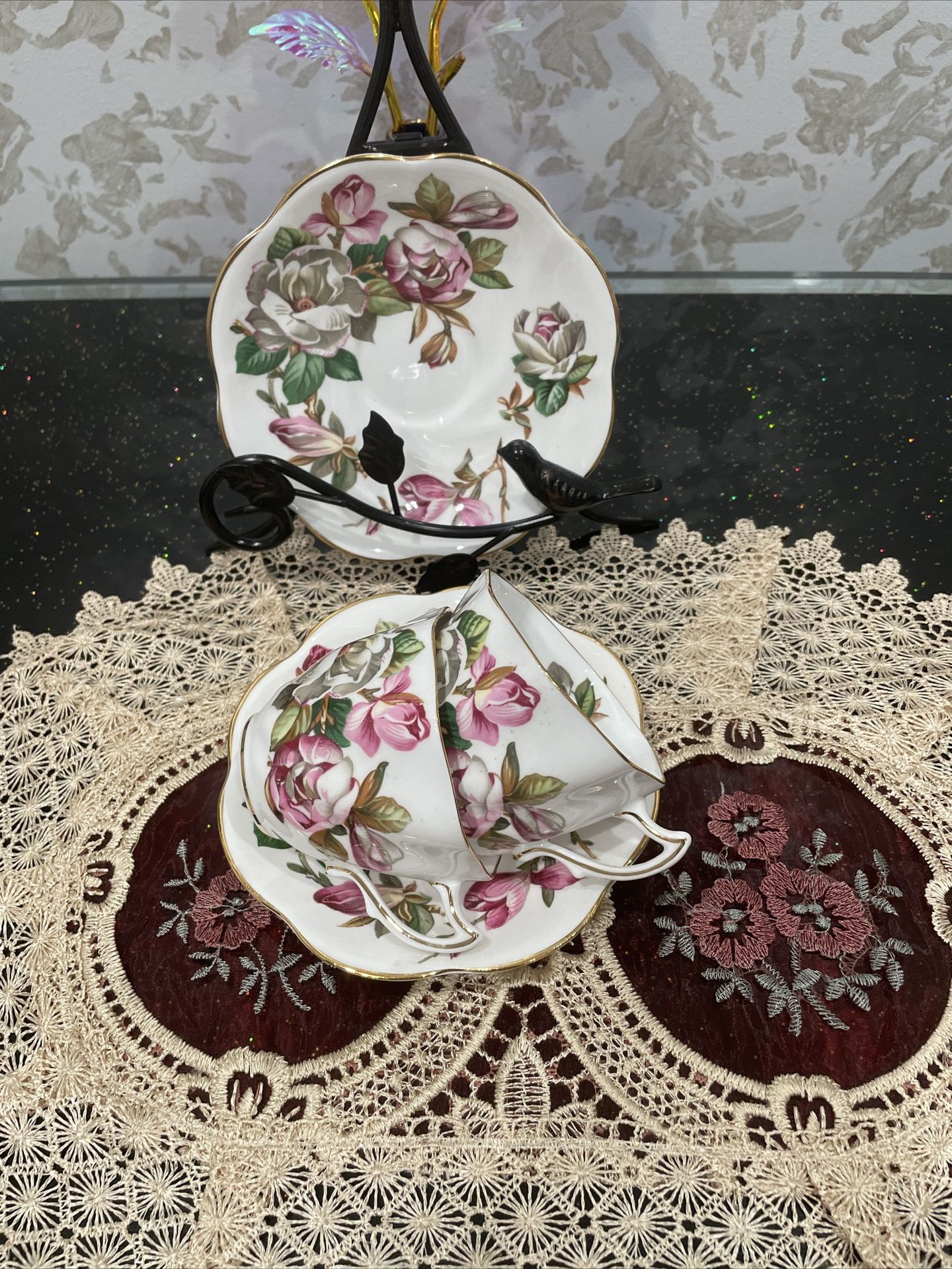 2 VTG Rosina Fine Bone China Tea Cup And Saucer Pink & White Azaleas Gold Trim