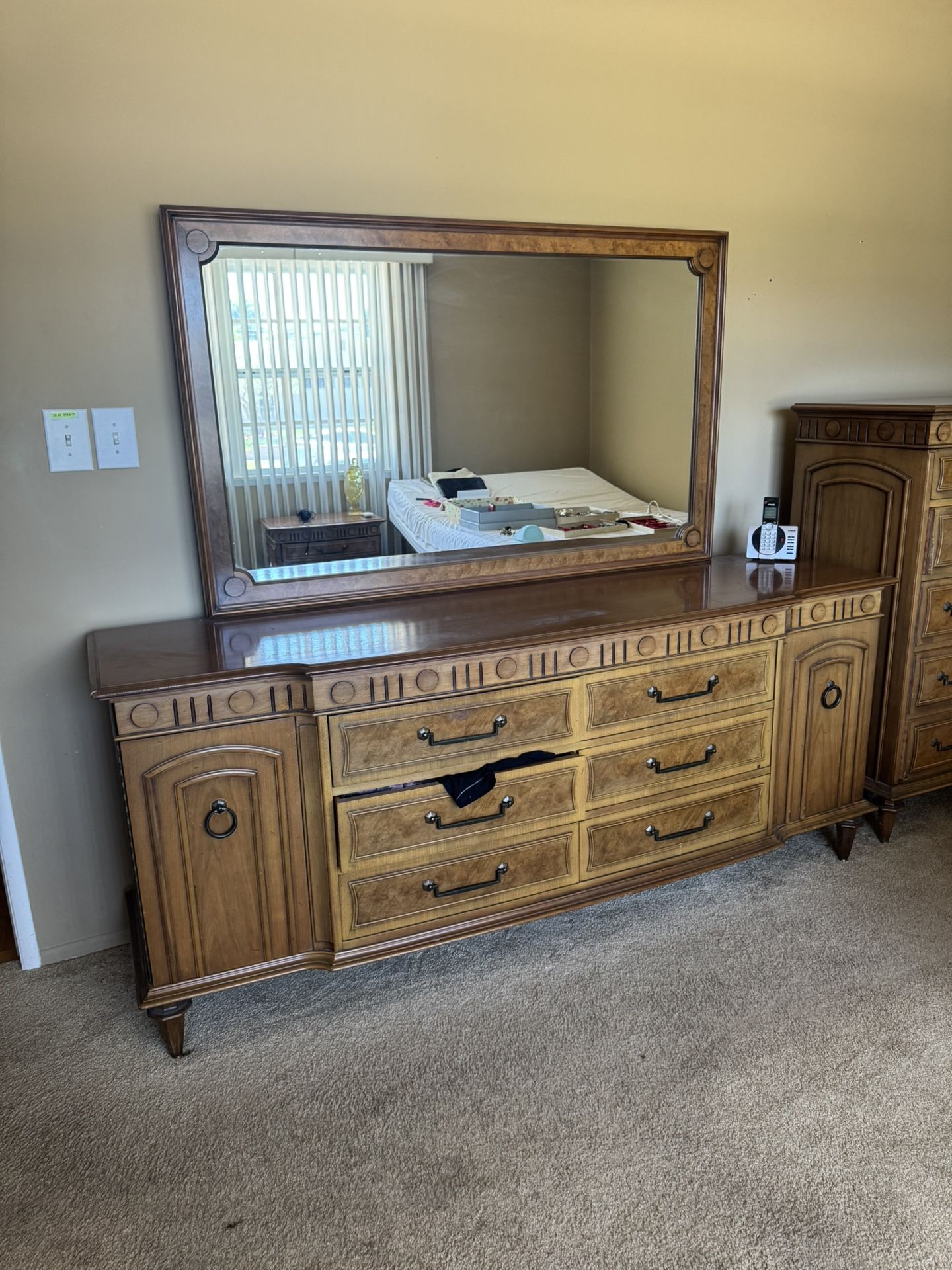 1940s Mid Century Italian Style 6 Drawer Long Dresser with Mirror