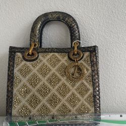 Luxury Bronze Python-Texture Mini Tote with Rhinestone Embellished Front – Designer-Inspired Evening Bag