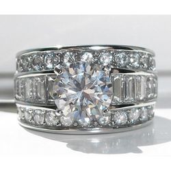 Size 8, Stainless Steel Round Brilliant & Baguette Cut Channel Set CZ Band Ring