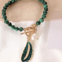 Malachite Alloy Leaves Pearl Drop Oil Women Bracelet