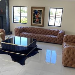 Modern Unique Leather Tufted Sofa Set Loveseat And Accent Chair ( More  Styles Available)