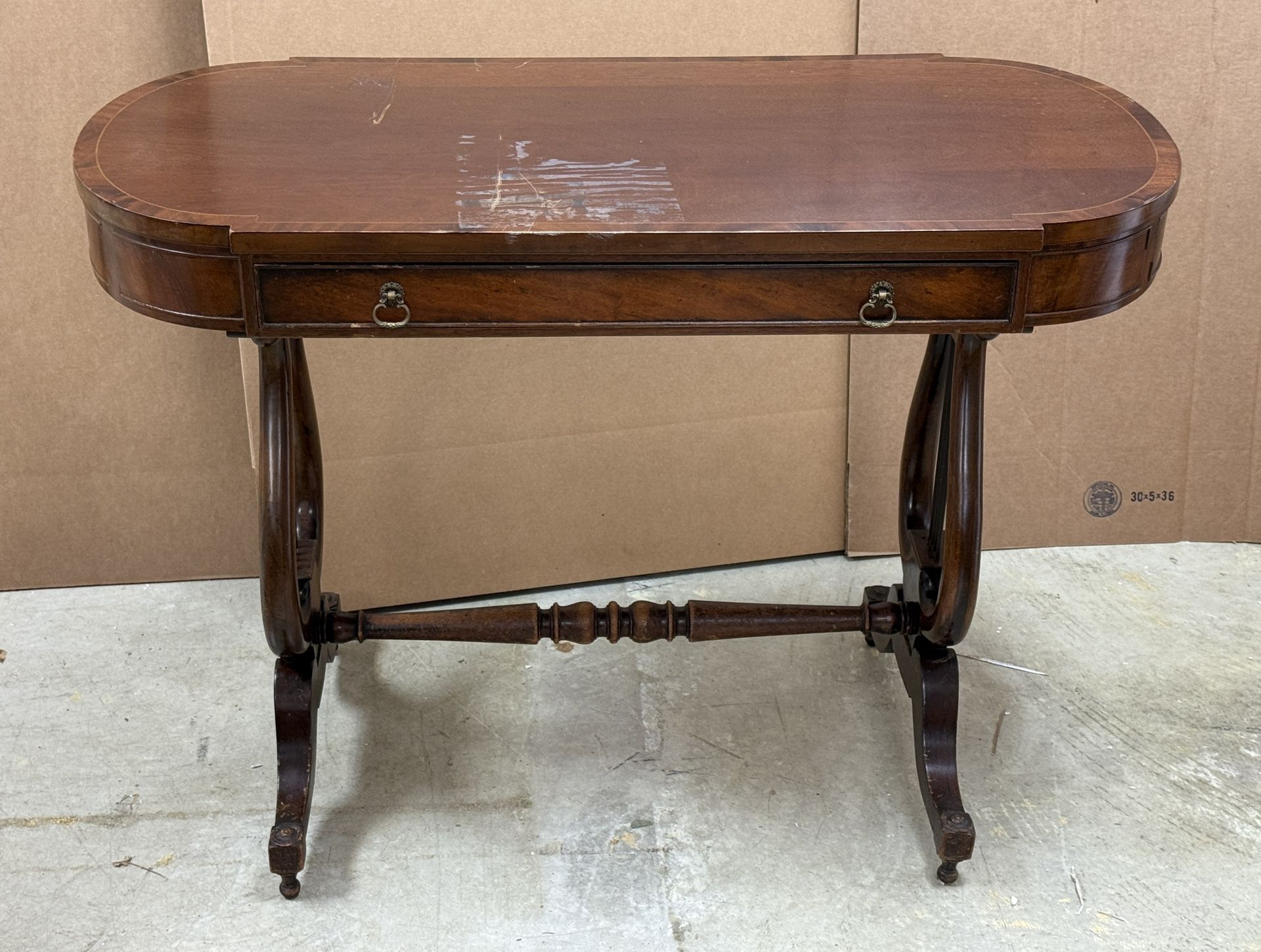 Vintage Mahogany Lyre-Leg Console Table by Dahon N.Y. – 41.5” x 20” x 30”