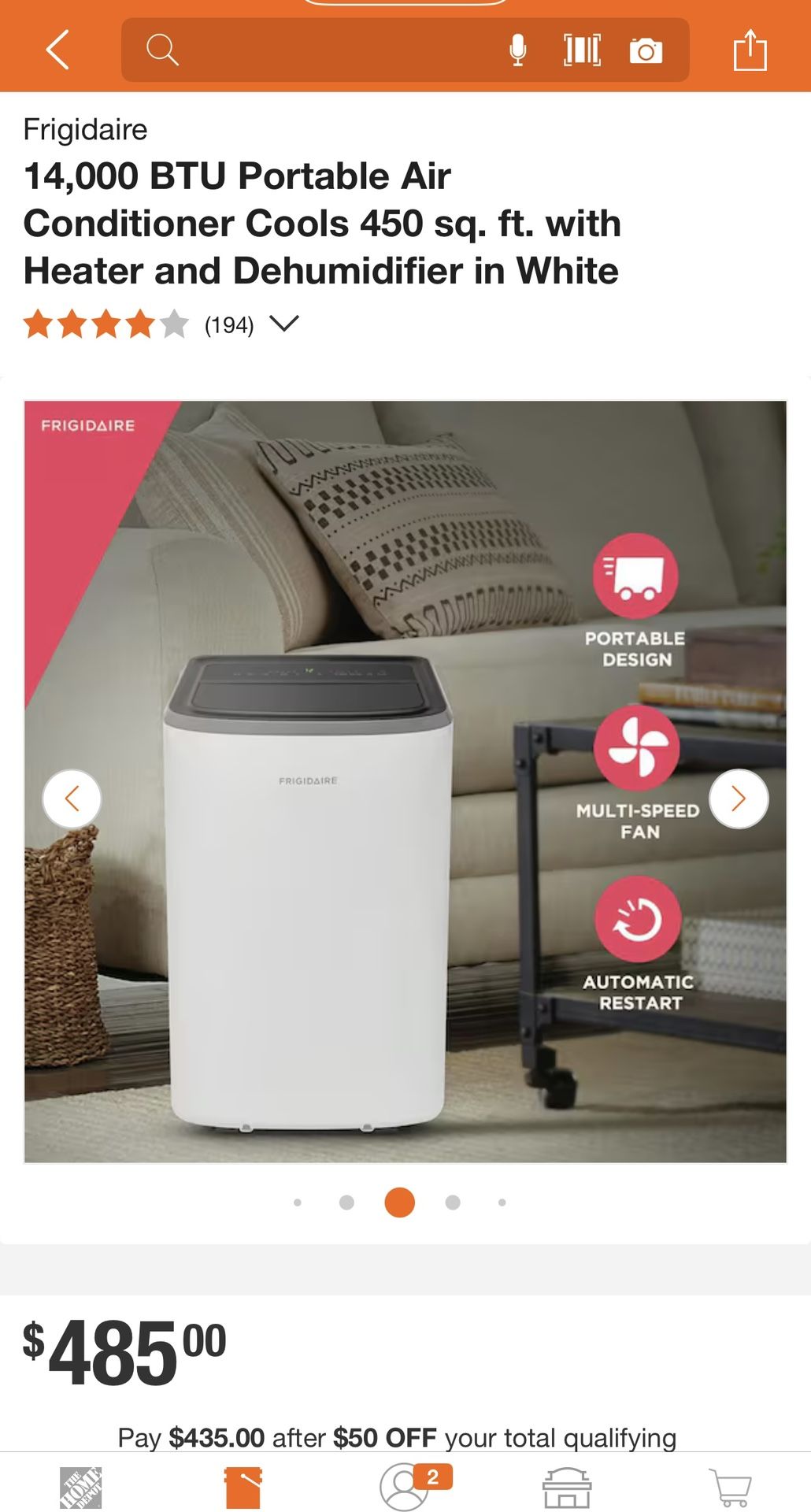 Frigidaire 14,000 BTU Portable Air Conditioner Cools 450 sq. ft. with Heater and Dehumidifier in White