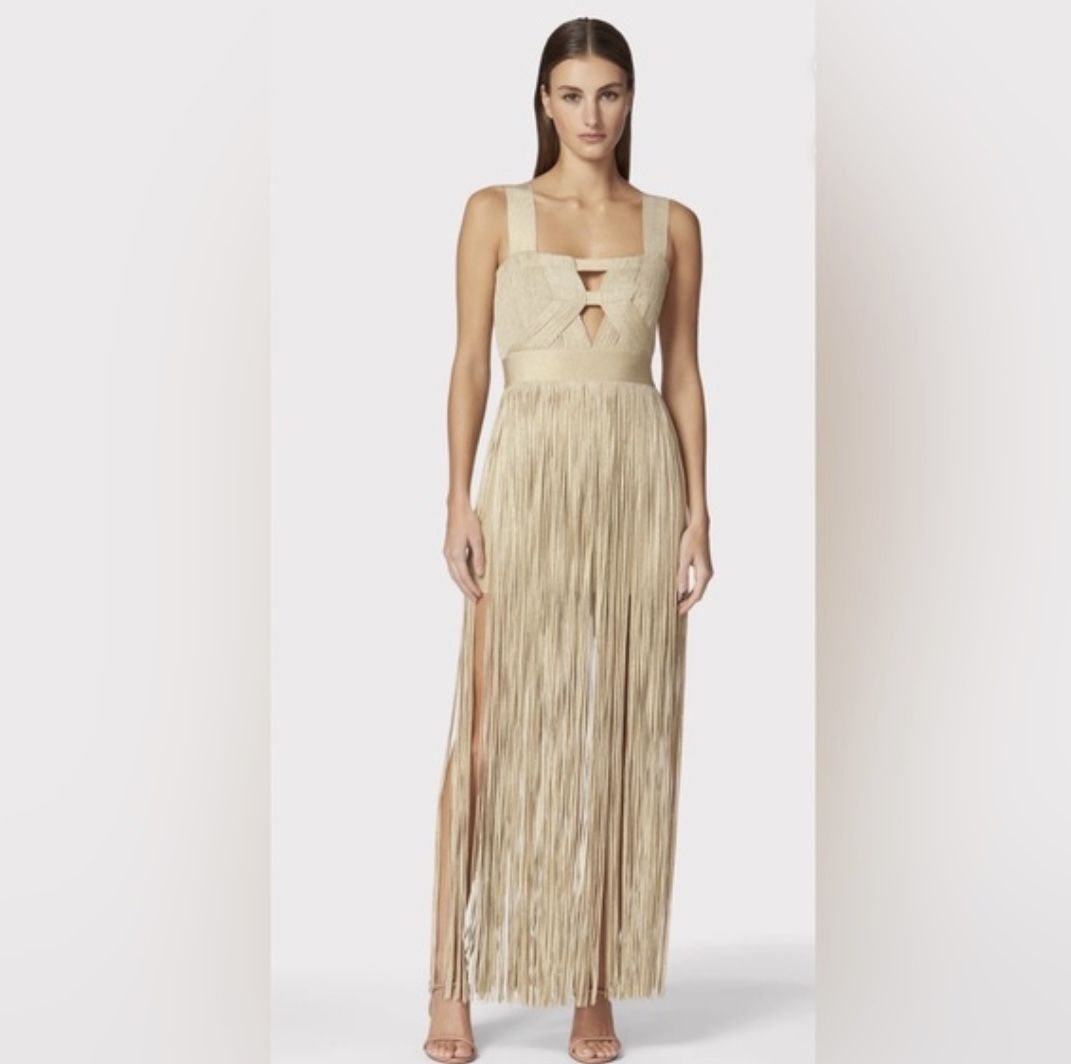 CONTOUR BUST METALLIC FRINGE GOWN Herve Leger Gold NWT