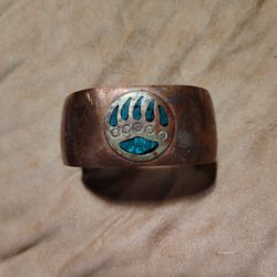 COBRE Mexico, Bear Paw Cuff Bracelet, Bear Claw, Blue Chip Inlay, Copper and Brass, Signed
