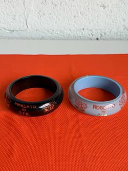 Roberto by RFM Bangle Bracelets Set of 2 Black Blue Gold Logo Jewelry