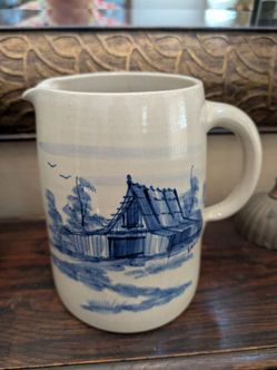 Vintage Lanelle Signed Blue and White Ceramic Pitcher