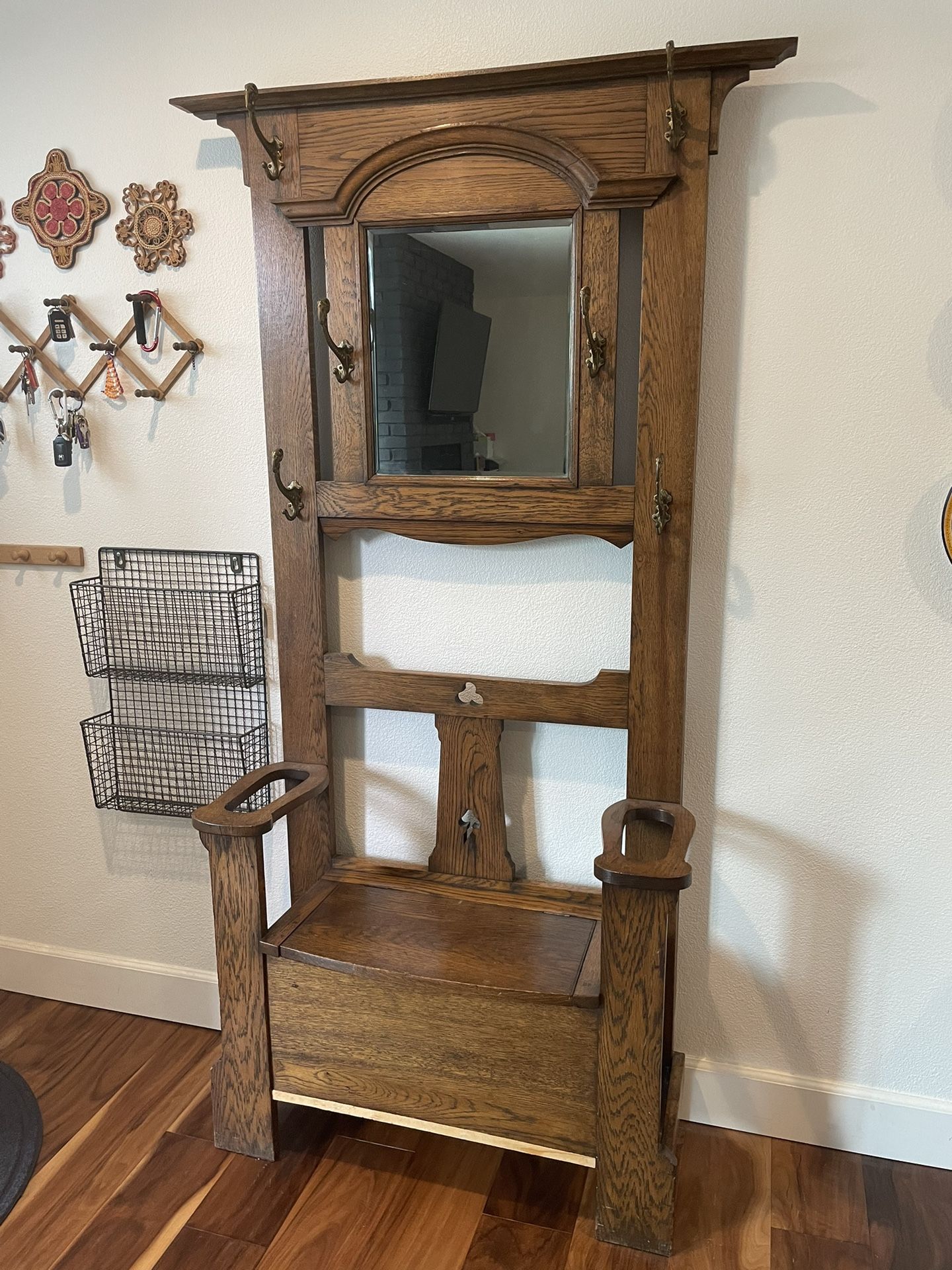 Antique Hall Tree With Brass Hooks