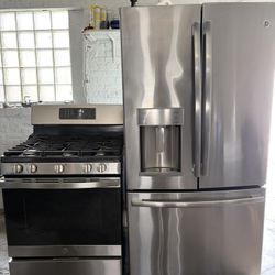 GE french door refrigerator &. GE 5 burner gas range set stainless steel 