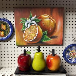 Vibrant Kitchen Decor Set: Hand-Painted Talavera Plates, Citrus Still Life Canvas, & Ceramic Fruit Trio