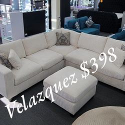 ✅️✅️Black  Friday Sale (4 pc ivory cordury fabric upholstered sectional sofa with ottoman)✅️