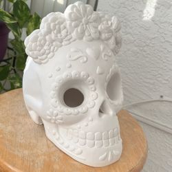 White Ceramic Sugar Skull Decor – Unpainted, Ready to Customize (female)