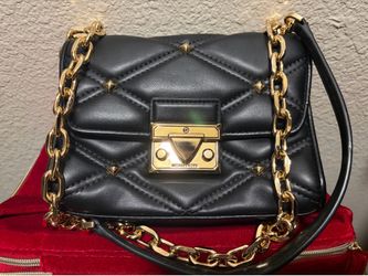 Michael Kors Small Serena Flap Crossbody Bag – Black Quilted with Gold Chain