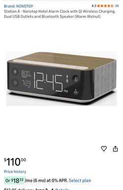 Station A - Nonstop Hotel Alarm Clock with Qi Wireless Charging, Dual USB Outlets and Bluetooth Speaker (Warm Walnut)