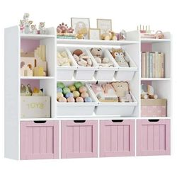 3 Tier Kids Bookcase with Toy Storage Organizer, Wood Toy Organizer of 6 Boxes & 4 Removable Drawers, Pink