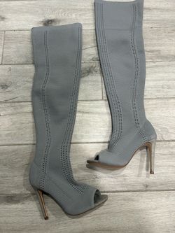 Gray Knit Over-the-Knee Peep Toe Stiletto Boots