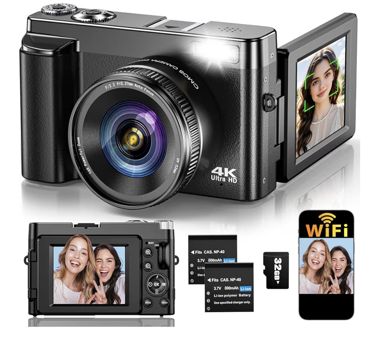 4K Digital Camera for Photography Autofocus, Upgraded 64MP WiFi Vlogging Camera for YouTube with 3" 180° Flip Screen, 16X Zoom, Compact Travel Cameras