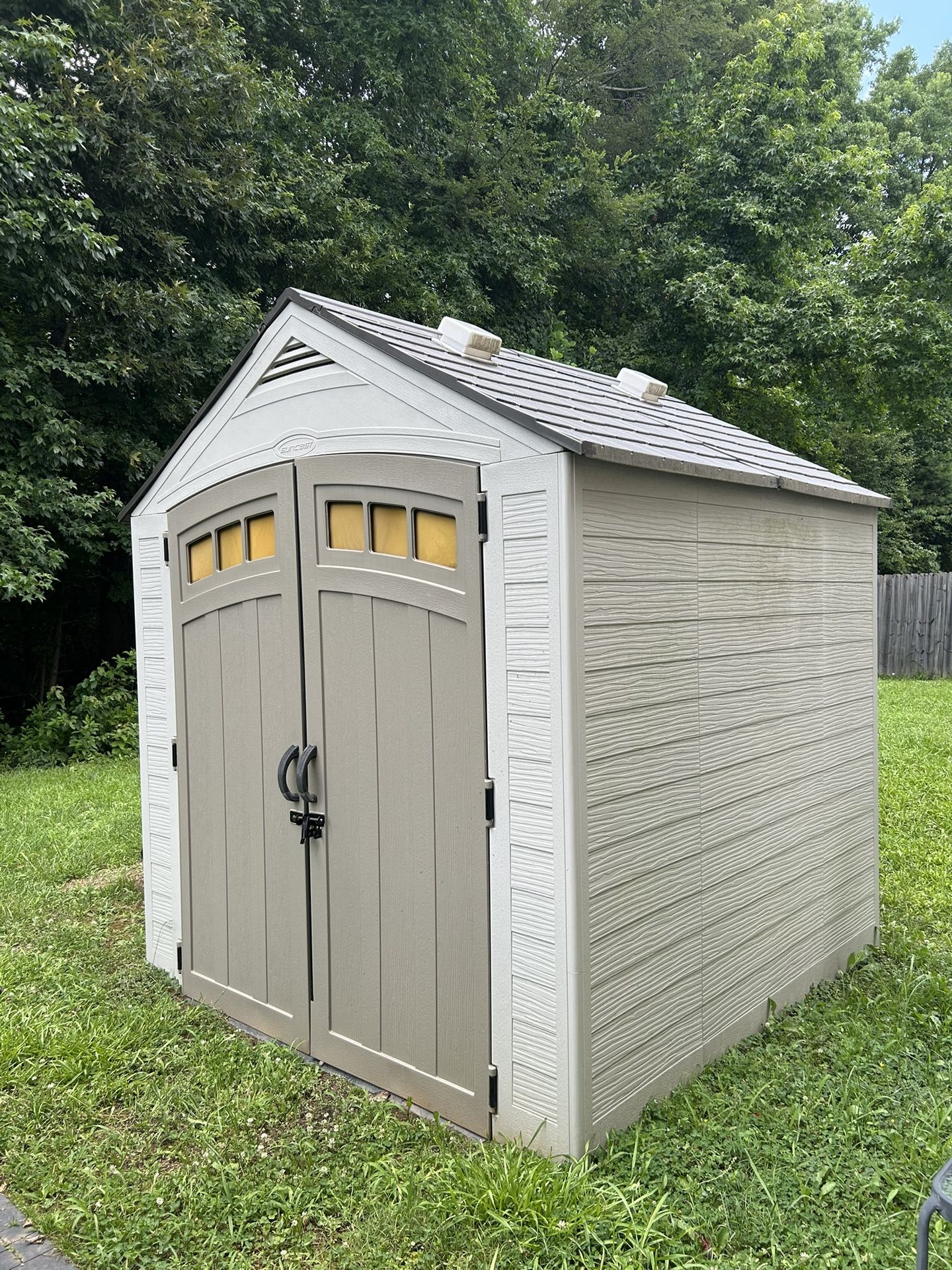 Suncast Vista 7 ft. x 7 ft. Storage Shed with All Weather Construction, IllumiVent System and 4 Skylights for Gardening Tools, Light Cobblestone