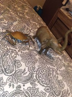 Vintage Solid Brass Elephant and Crab Figurine Set
