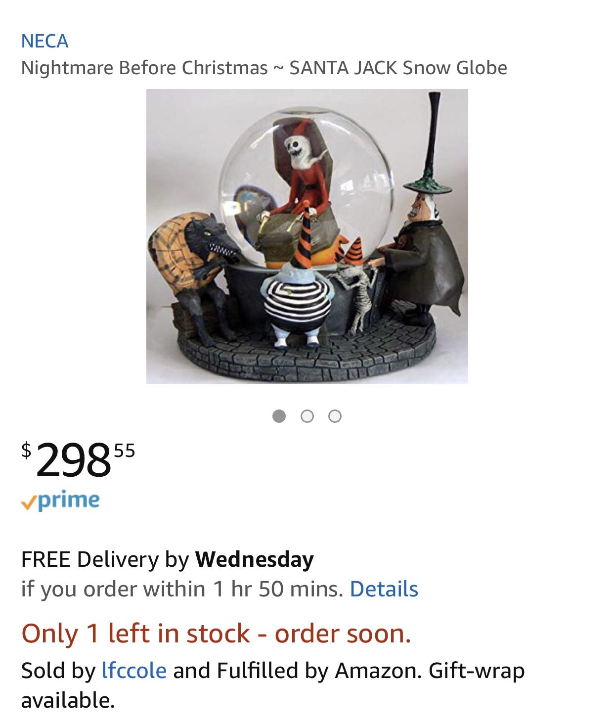 NECA The Nightmare Before Chrismas Santa Jack Snow Globe - Collectible - VERY RARE - DISCONTINUED - LIMITED EDITION