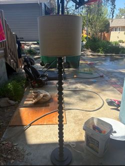 Black Floor Lamp with Linen Drum Shade – $75