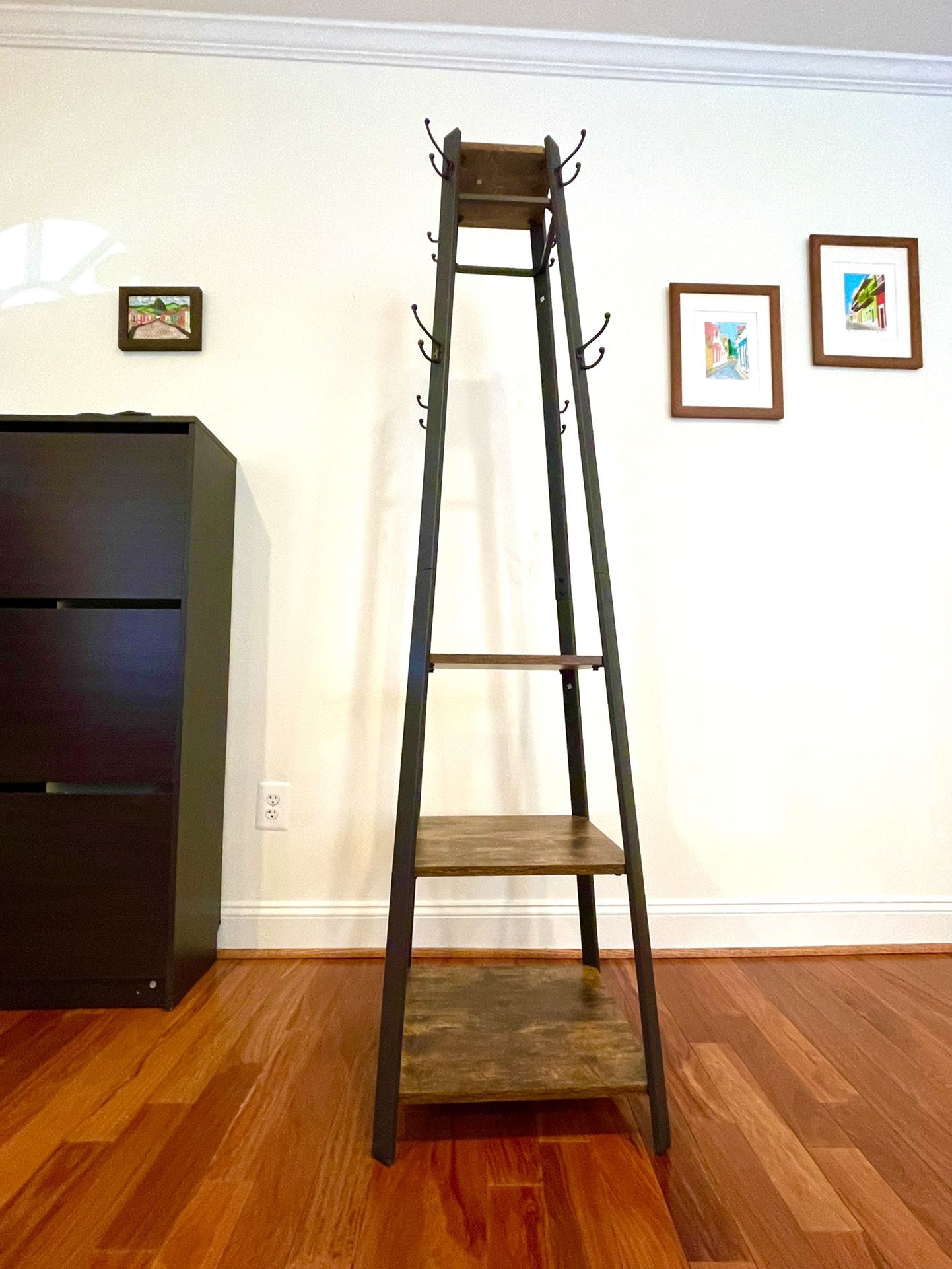 Coat Rack Stand Free Standing with 8 Dual Hooks and four shelves. 