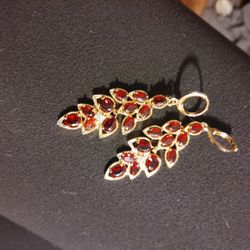 Ruby Red Leaf Earrings Gold