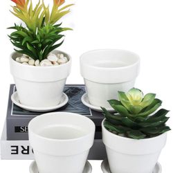 Small Plant Pots 4 Inch Succulent Pots with Drainage ,White Mini Ceramic Flower Plant Pots Succulent Planters Pack of 4