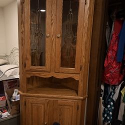 Traditional Solid Oak Corner Hutch Featuring Glass Display Doors