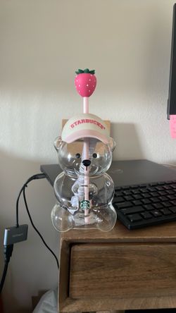 Starbucks Bear Figural Clear Cup w/ Straw Strawberry Topper Decorated