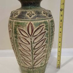 Large 14” Thai Ceramic Vase – Rustic Green & Earth Tones – Hand-Crafted