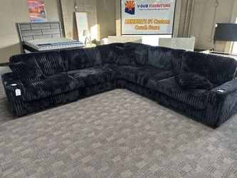 Large Deep Black Sectional W/ Cupholders And USB Ports 