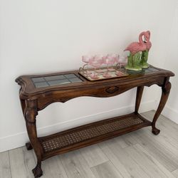 Vintage Wood and Rattan Console Table