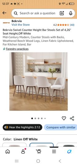 NEW IN BOX - Set of 4 Bekrvio Swivel Counter Height Bar Stools (Off White Linen)