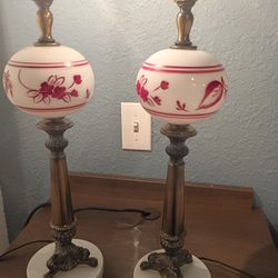 Pair Of Vtg Vintage MCM Mid Century Modern Trio Milk Glass Lamps