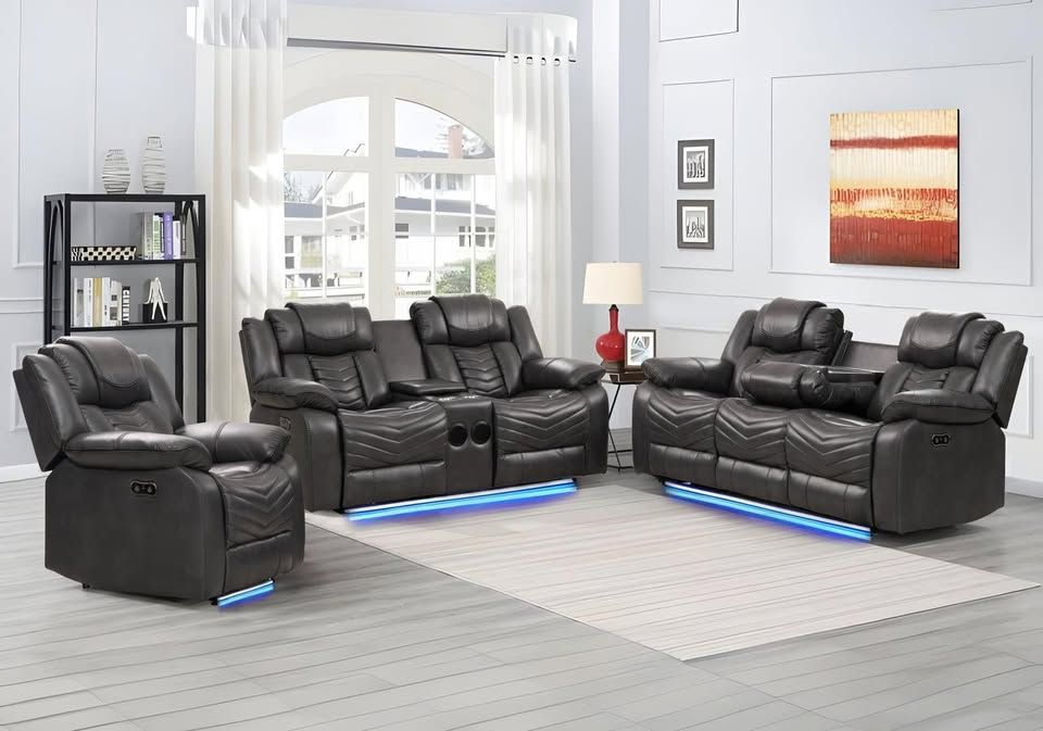 Leather aire power recliner Sofa w/Drop down table & led light