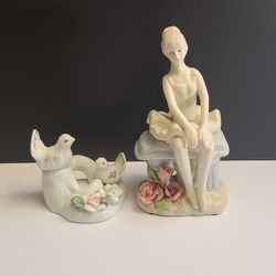 Porcelain Ballerina Sitting on Garden Bench Figurine - Dove Birds Porcelain Figurine