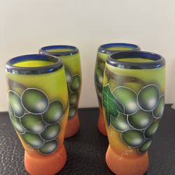 vintage Mexican frosted glass Hand Painted grapes yellow-to-orange background.