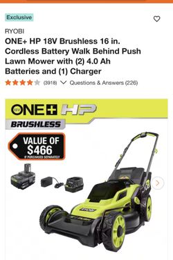  RYOBI ONE+ HP 18V Brushless 16 in. Cordless Battery Walk Behind Push Lawn Mower with (2) 4.0 Ah Batteries and (1) Charger