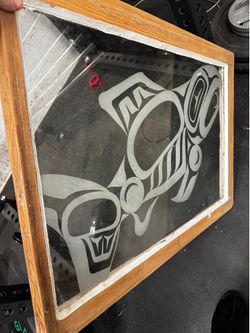Native Etched Window Glass- Vintage