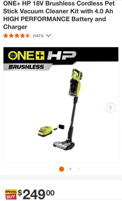 RYOBI ONE+ HP 18V Brushless Cordless Pet Stick Vacuum Cleaner Kit with 4.0 Ah HIGH PERFORMANCE Battery and Charger
