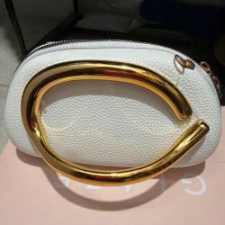 White Leather Clutch Bag with Gold Handle