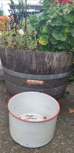 Vintage White Enamel with Red Rim and wood Handle Planter