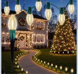 C9 Christmas Decorations Outdoor, 26 Feet 20 LED Christmas Pathway Lights Warm White Connectable Waterproof Bulb Christmas Lights with Stakes for Outs