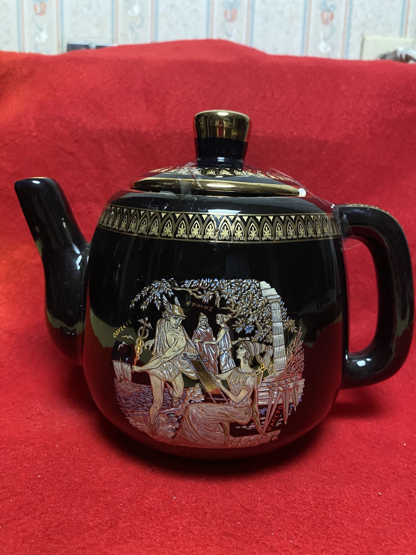 7 Inch 24k Black & Gold Handmade In Greece Imported From Greece Greek Ceramic Tea Kettle