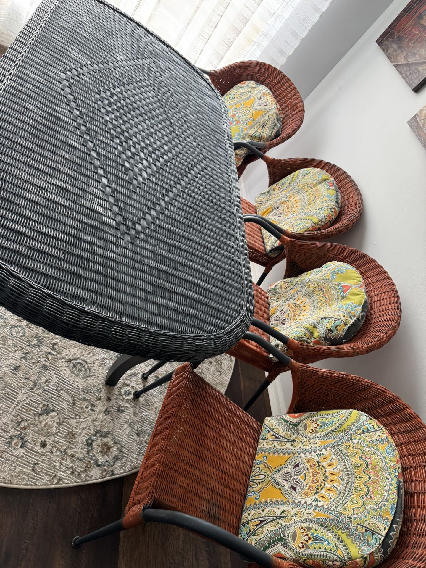 Four Chairs And Cushions, 6’ Table - Indoor Or Outdoor Rattan And Cane.